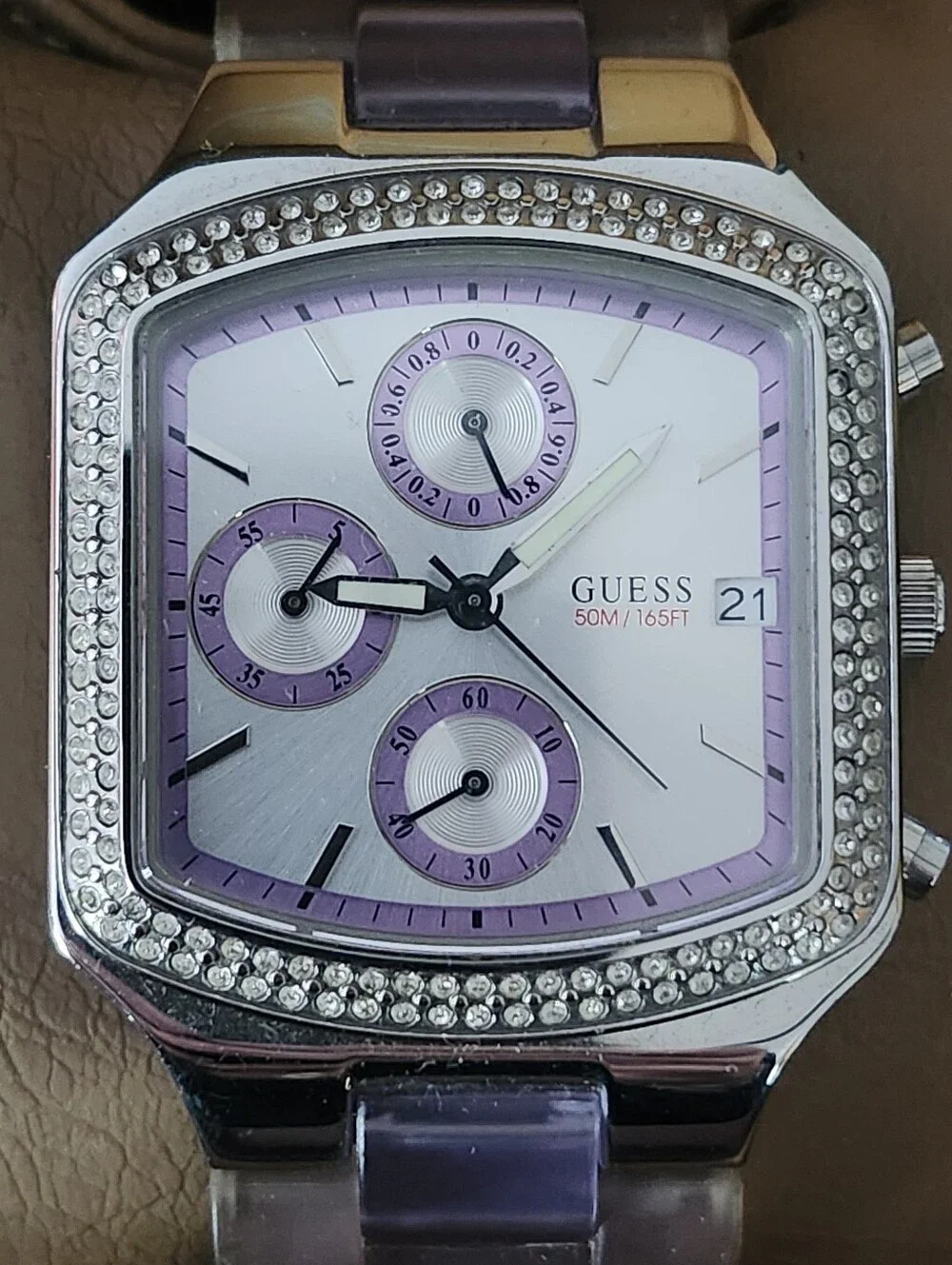 GUESS Deco Purple Crystal-Trim Purple Face Chronograph Watch-  New In Box